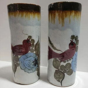 Mexican Pottery  Vase Ceramic Birds and Flowers Tall Narrow Multi-colored
